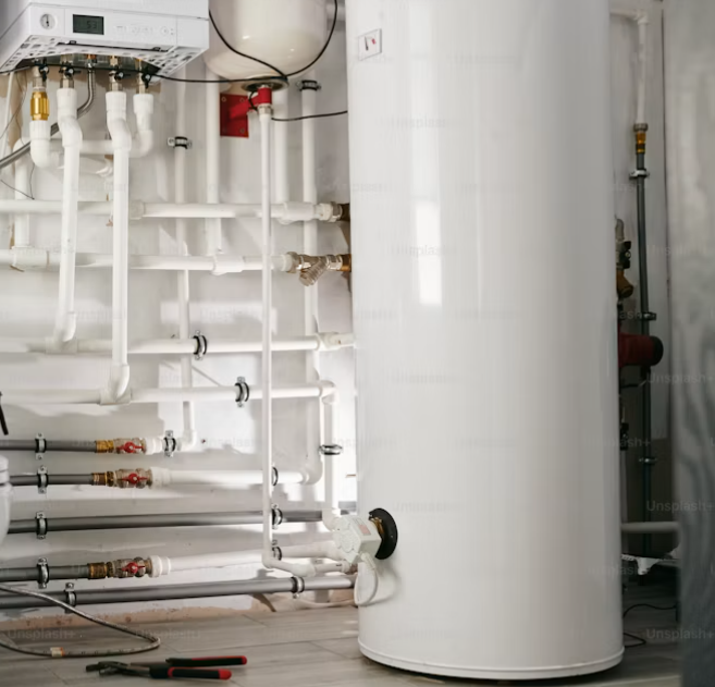 Water heater and boiler piping in a home mechanical room